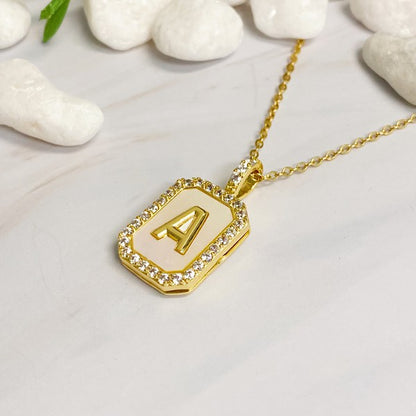 18K Gold Initial Deco Open Locket Pendant Necklace - Mother of Pearl