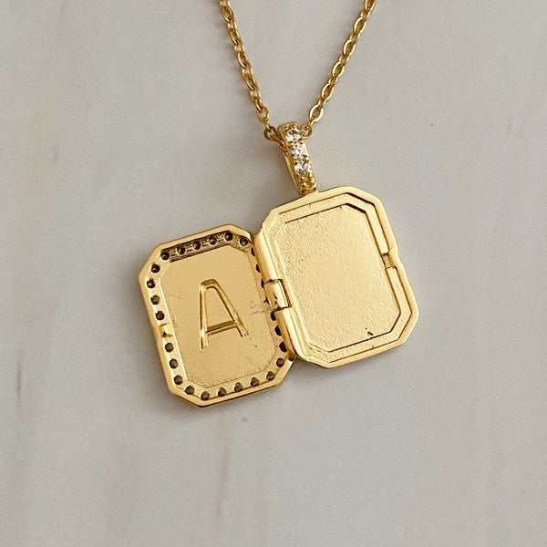 18K Gold Initial Deco Open Locket Pendant Necklace - Mother of Pearl