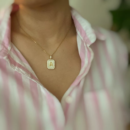 18K Gold Initial Deco Open Locket Pendant Necklace - Mother of Pearl