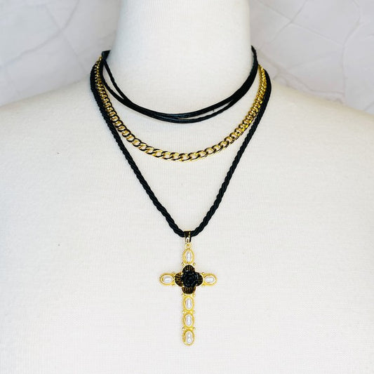 Layered Black Rose Cross Necklace - Vegan Leather Chain with Stylish Cross Pendant