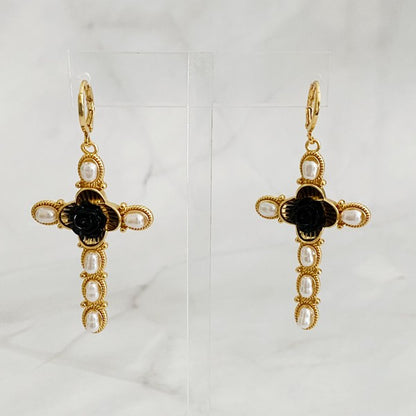 18k Gold Black Rose Cross Earrings - Stylish Statement Jewelry with Pearls & Roses