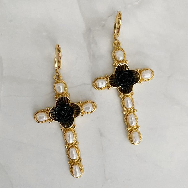 18k Gold Black Rose Cross Earrings - Stylish Statement Jewelry with Pearls & Roses