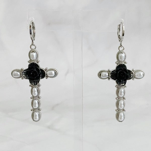 18k Gold Black Rose Cross Earrings - Stylish Statement Jewelry with Pearls & Roses