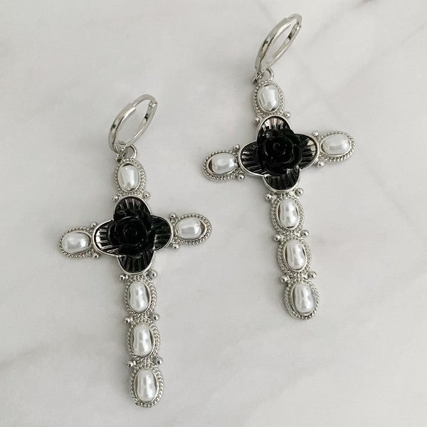 18k Gold Black Rose Cross Earrings - Stylish Statement Jewelry with Pearls & Roses