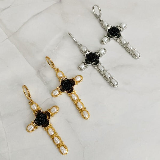 18k Gold Black Rose Cross Earrings - Stylish Statement Jewelry with Pearls & Roses