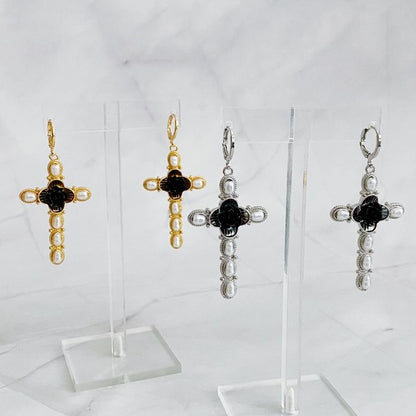 18k Gold Black Rose Cross Earrings - Stylish Statement Jewelry with Pearls & Roses