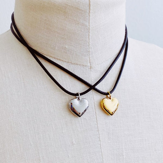 18k Gold Black Cord Heart Drop Necklace - Fashionable and Timeless Pendant