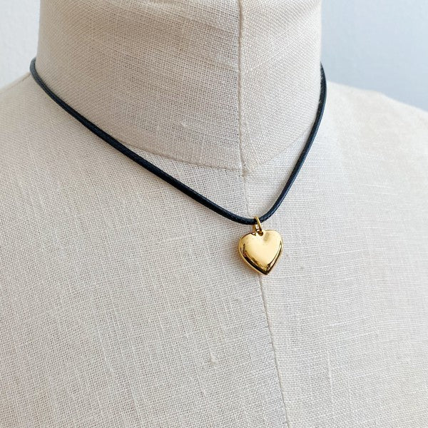 18k Gold Black Cord Heart Drop Necklace - Fashionable and Timeless Pendant