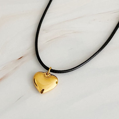 18k Gold Black Cord Heart Drop Necklace - Fashionable and Timeless Pendant