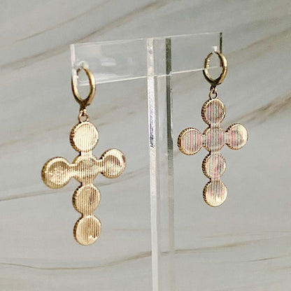 18k Gold Boho Cross Earrings - Bold Design with Subtle Texture for Everyday