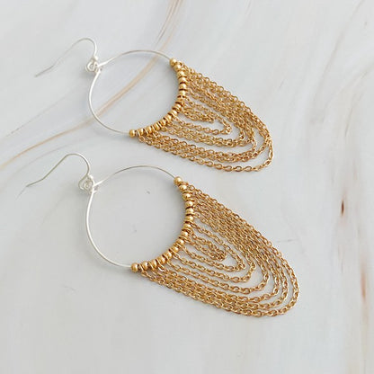 Chain Drapes Two Tone Earrings - Elegant Hoops with Draping Chains in Gold and Silver Tone