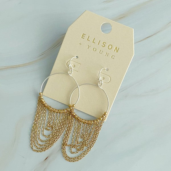 Chain Drapes Two Tone Earrings - Elegant Hoops with Draping Chains in Gold and Silver Tone