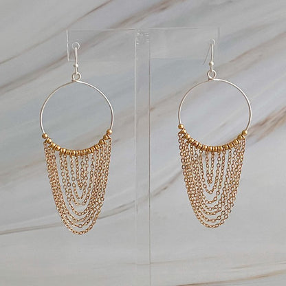 Chain Drapes Two Tone Earrings - Elegant Hoops with Draping Chains in Gold and Silver Tone