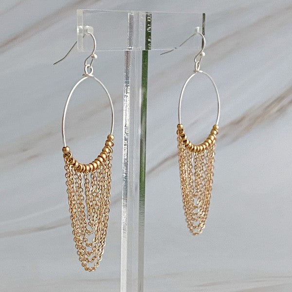 Chain Drapes Two Tone Earrings - Elegant Hoops with Draping Chains in Gold and Silver Tone