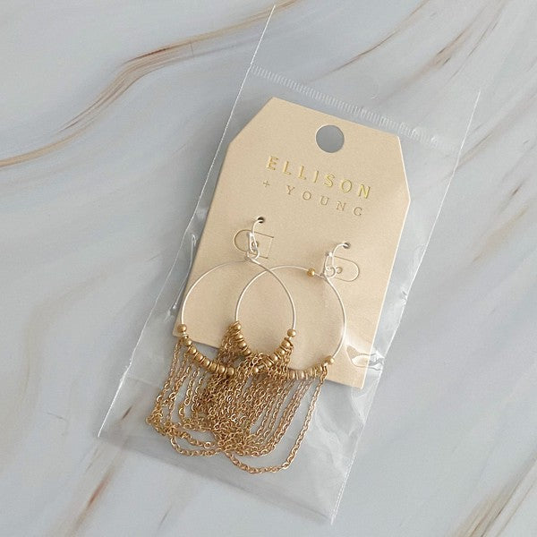 Chain Drapes Two Tone Earrings - Elegant Hoops with Draping Chains in Gold and Silver Tone