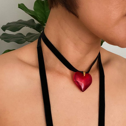 Valentine's Day Acrylic Heart Red Black Sash Necklace