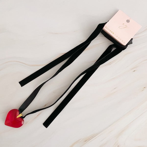 Valentine's Day Acrylic Heart Red Black Sash Necklace