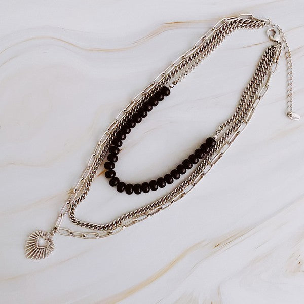 Golden Heart Layered Necklace: Resin Bead Boho Chic Statement Piece