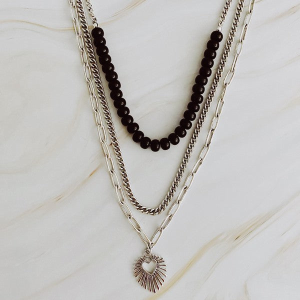 Golden Heart Layered Necklace: Resin Bead Boho Chic Statement Piece