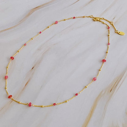 18K Gold Dainty Stone Bead Necklace - Delicate Chain with Varying Sizes of Stones