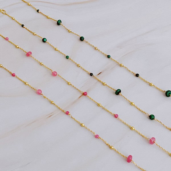 18K Gold Dainty Stone Bead Necklace - Delicate Chain with Varying Sizes of Stones