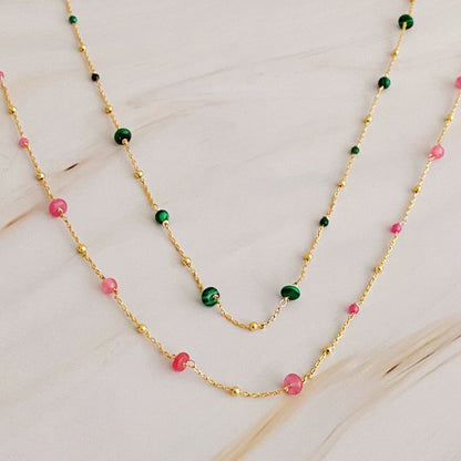 18K Gold Dainty Stone Bead Necklace - Delicate Chain with Varying Sizes of Stones