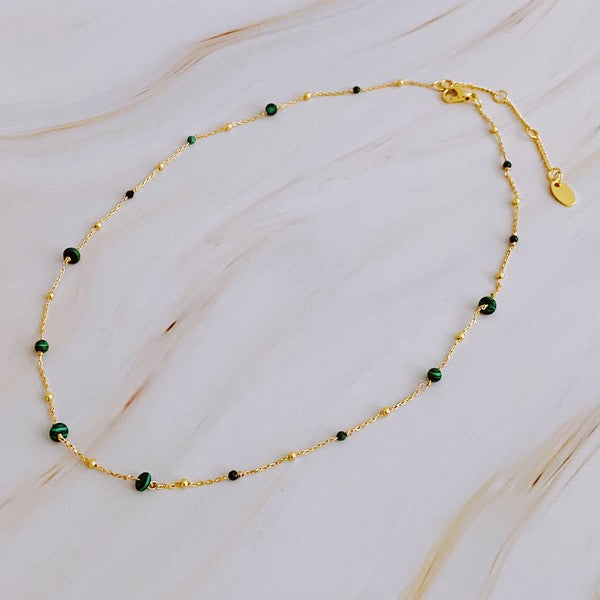 18K Gold Dainty Stone Bead Necklace - Delicate Chain with Varying Sizes of Stones