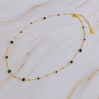 18K Gold Dainty Stone Bead Necklace - Delicate Chain with Varying Sizes of Stones