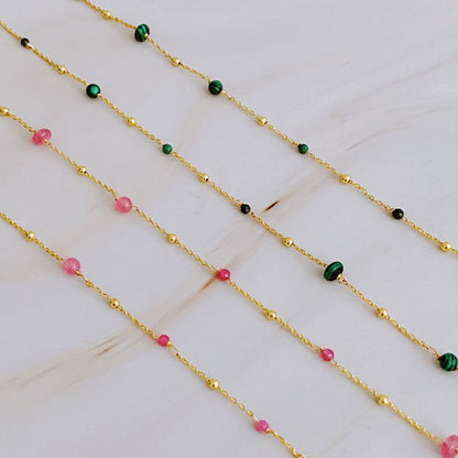 18K Gold Dainty Stone Bead Necklace - Delicate Chain with Varying Sizes of Stones