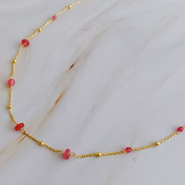 18K Gold Dainty Stone Bead Necklace - Delicate Chain with Varying Sizes of Stones