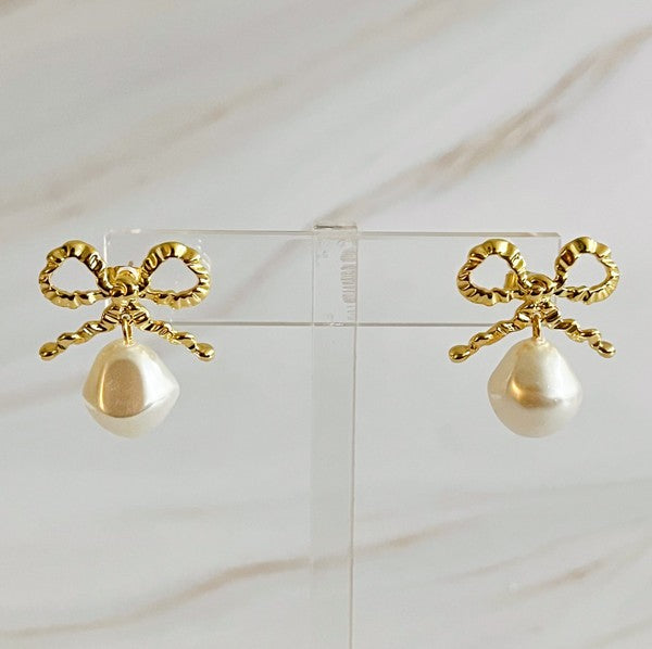 Dangle Pearl Antique Bow Earrings