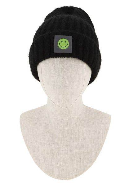 Solid Rib Beanie with Smile Accent