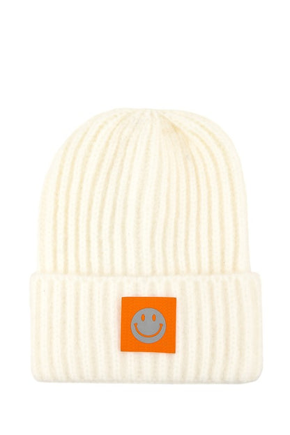 Solid Rib Beanie with Smile Accent