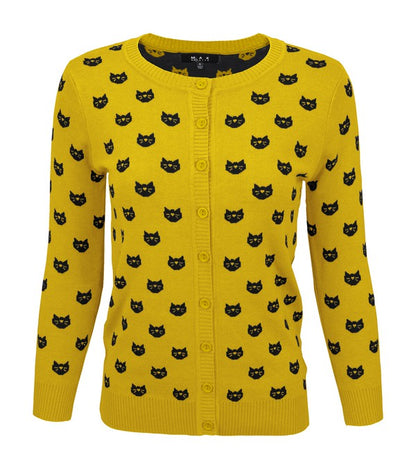 Round Neck Cat Patterned Cardigan Sweater