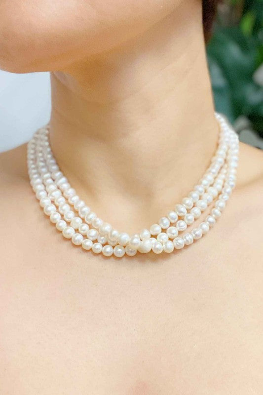 18k Gold Triple Strand Freshwater Pearl Necklace - Stunning and Versatile