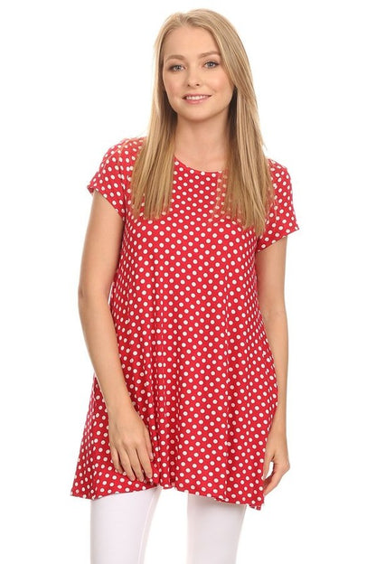 Polka Dot Tee - Relaxed Fit, Short Sleeve, Round Neck, Pocket Detailing