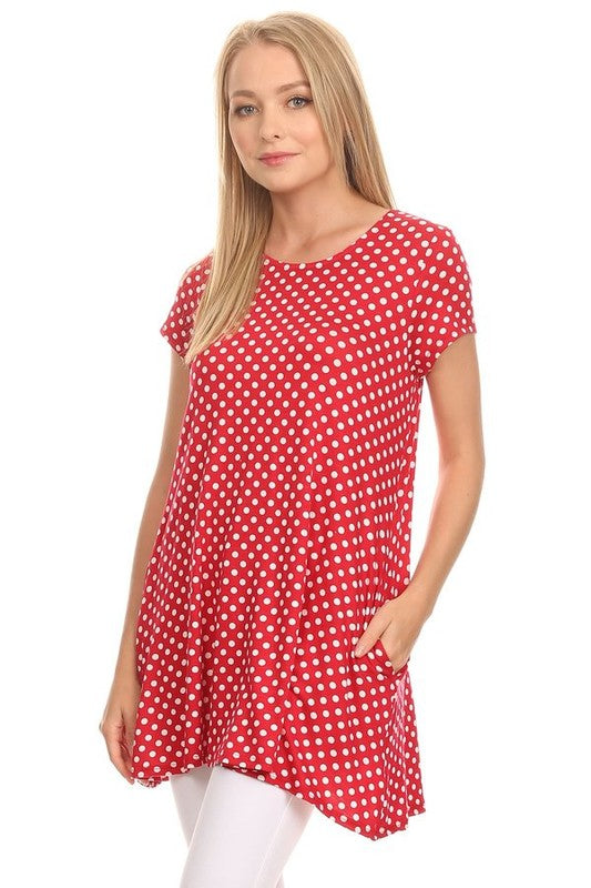 Polka Dot Tee - Relaxed Fit, Short Sleeve, Round Neck, Pocket Detailing