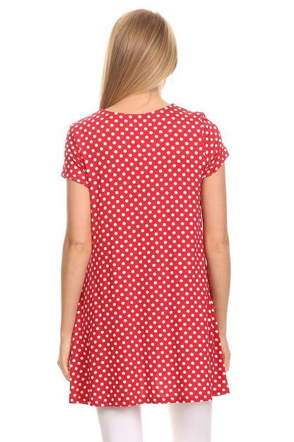 Polka Dot Tee - Relaxed Fit, Short Sleeve, Round Neck, Pocket Detailing