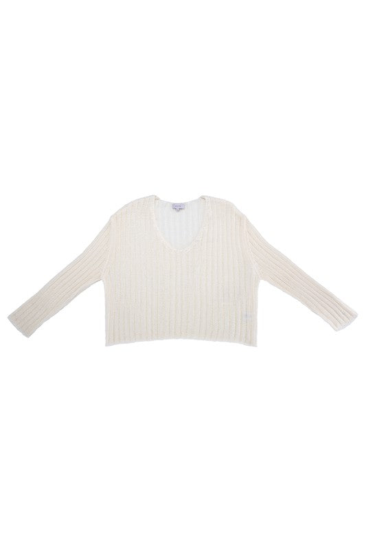 Variegated rib V neck sweater