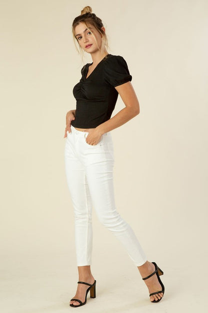 Shirred V neck top with puff sleeves