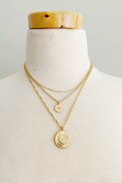 Star Layered Necklace - Beautifully Layered with Charms in Worn Gold Finish