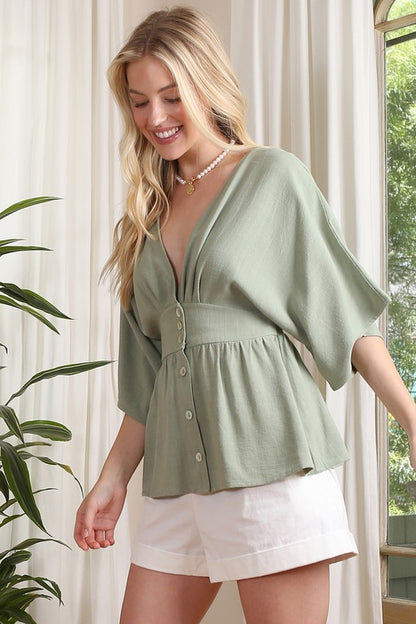 SS deep V neck button down top