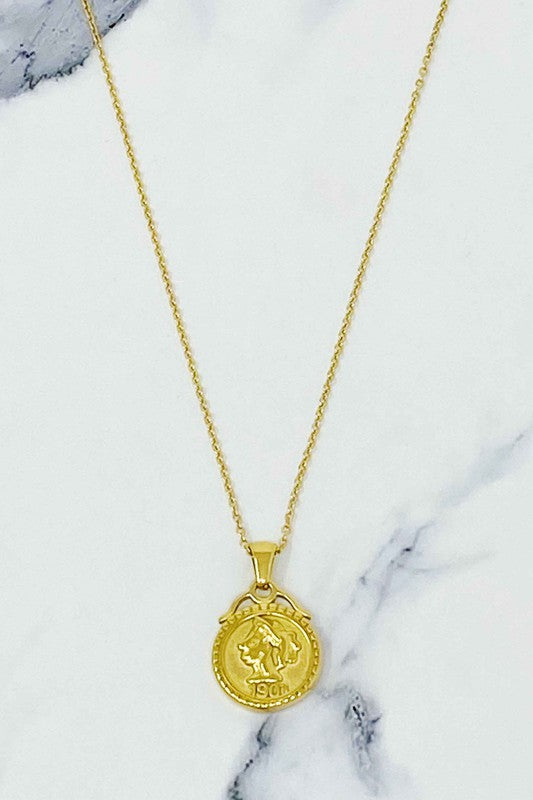 18K Gold Feminine Coin Necklace - Double Sided Pendant